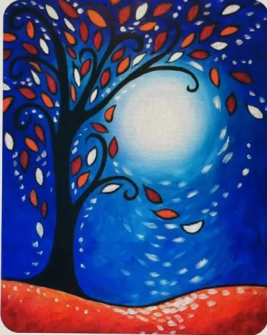 colorful painting of tree and moon