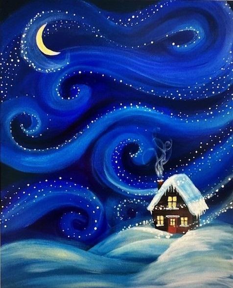 Cozy Winter Night - painting of cabin in snow 